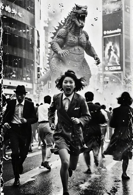 B&W 35mm vintage photo of Shibuya crossing, people run in panic, face expressions visible, godzilla attack, panic everywhere, panic in every face, everyone running in panic, running for their lives