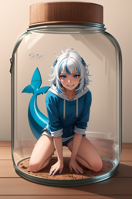 best quality, intricate details, full body, standing, cute pose, smirking, evil look,  

1girl, white hair, blue eyes, sharp eyes,messy hair, blue highlights, sharp teeth, 

blue hoodie, shark teeth design, bare legs, hair ornament,  shark girl, shark tail, shark print, blue hoodie, sharp teeth, shark hair ornament,  <lora:gawrGuraHololive_v3:0.8>     <lora:girlsInGlassJars_v3:0.5> shrunken,   (gawr gura  in glass jar:1.45), full body, front view,  kneeling, shrunken, detailed, realistic, cork, defined