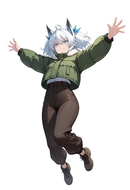 Smooth Quality,masterpiece,very intricate, high quality details, ultra realistic, high detailed skin,detailed enviorement,absurdres,
simple background, white background, 
dutch angle,jumping, arms open, legs bent, smiling, midair,  ,scowl,
puffer jacket,  ,trench coat, ,high-waist pants, ,
 <lora:Setsuna_cnn:0.8>setsunacnn,1girl, short hair, hair between eyes,blue eyes, white hair, ahoge, twintails, fang,fur trim,