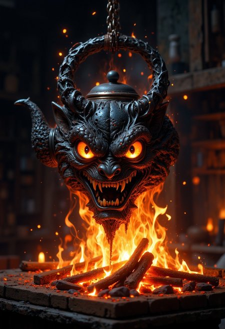 A hyper-realistic portrait, photorealistic photo close-up image, Image is a creepy, sinister yet adorable cute fantasy digital illustration featuring a semi  realistic glowing demon kettle with sinister eyes that is hanging down from a chain over a kitchen fire in fireplace (photography, high-resolution, dynamic, energetic,hyper-realistic, dramatic lighting, shallow depth of field.)