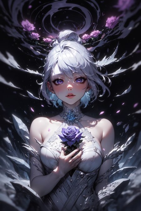 dreamwave, aesthetic, 1girl, a (frozen:1.1) cosmic rose, the petals glitter with a crystalline shimmer, swirling nebulas, 8k unreal engine photorealism, ethereal lighting, purple, nighttime, darkness, surreal art, zentangle patterns