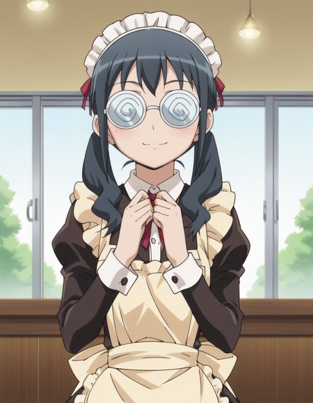 score_9, score_8_up, score_7_up, score_6_up, score_5_up, score_4_up, source_anime, anime screencap, BREAK 1girl, solo, indoors, cafe, upper body, hand on own chin, smiling,
 <lora:Makishima_Saori_Pony:1> makishima_saori, black hair, grey hair, saori_maid, black hair, grey hair, twintails, coke-bottle glasses, opaque glasses, apron, maid, maid headdress, white pantyhose, mary janes,