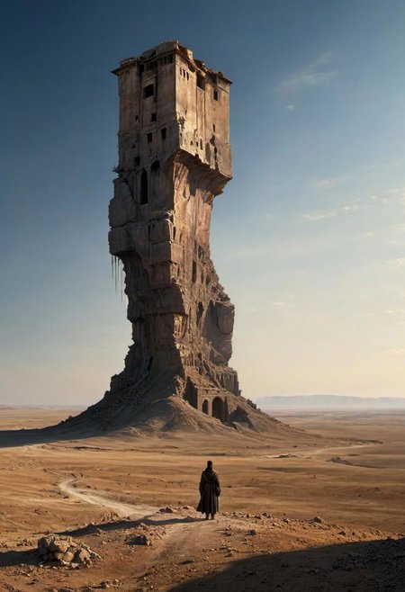 by peter de seve,  (masterful but extremely beautiful:1.4), (masterpiece, best quality:1.4) , in the style of nicola samori, cinematography, otherworldly monolithic structure dominates a desolate plain, stark contrast, flat horizon, solitary monument, anamorphic cinematography, shot on arri alexa mini, panoramic view, towering, monumental, barren ground, harsh light, arid, earthy tones, leading lines, desolation, anamorphic flare, lens distortion, denis villeneuve style, brutalism, minimalism cubism, eroded surfaces, windswept sand, starkness, geometry
<lora:add-detail-xl:1> <lora:xl_more_art-full_v1:0.5>  <lora:NicolaSamori:0.7>
