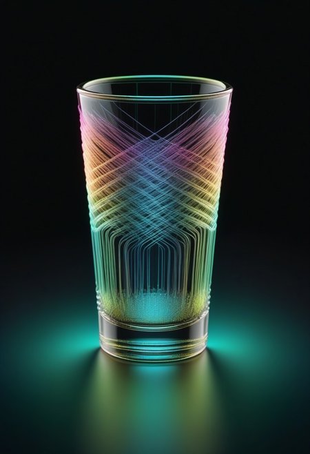high quality, high resolution, extremely detailed, no humans, made of,tiny neon glass filaments,w0gf1l, shot glass, black background