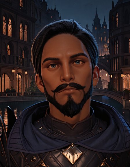 cinematic_depth, 8k, soft_lighting, warm_glow, ultra_high_quality, masterpiece, best quality, newest, perfect quality, best quality, detailed background, intricate details, male focus, solo, realistic, <lora:Dragon Age Veilguard - Viago de Riva - Illustrious 2_1-000006:0.7>,  dav_viago, 1boy, black hair, short hair, dark skin, beard, mustache, blue eyes, leather armor, hooded cloak, single pauldron, outdoors, night, city, buildings, on bridge, water, canal, plants, trees, looking at viewer, portrait, head tilt