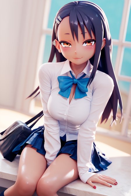 score_9, score_8_up, score_8, medium breasts, (curvy), cute, eyelashes,      ,,,  nagatoro hayase, long hair, bangs, black hair, hair ornament, brown eyes, hairclip, fang, dark skin, dark-skinned female, tan, skirt, shirt, school uniform, white shirt, pleated skirt, nail polish, blue skirt, red nails, earclip, <lora:NagatoroHayasePDXL_v1:0.7>, ,,, spreading legs, hand between legs, blush, smug, ,,, closed mouth, alternate costume, smile, looking at viewer, collared shirt, blush, sweater, black skirt, eyelashes, long sleeves, sleeves past wrists, plaid skirt, shoulder bag, black bag, blurry, tile floor, pleated skirt, white shirt, ,,, shiny skin,  <lora:BeanisPDXL:1.0>,   ,,, smile, looking at viewer,  abstract background, white outline,  ,,, embedding:zPDXL, Expressiveh, <lora:SDXLFaeTastic2400:0.5>,  <lora:Expressive_H-000001:0.4>,