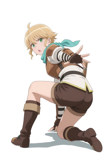 Smooth Quality,masterpiece,very intricate, high quality details, ultra realistic, high detailed skin,
simple background, white background,
from behind,diamond mouth,kamina pose,kneeling, one hand on ground, reaching forward, focused, tense,  ,
 <lora:Rembrandt_Yunocnn:0.8> rembrandtyuno/cnn, blonde hair, solo, green eyes,1girl,aqua scarf, 
armor, shorts,boots,