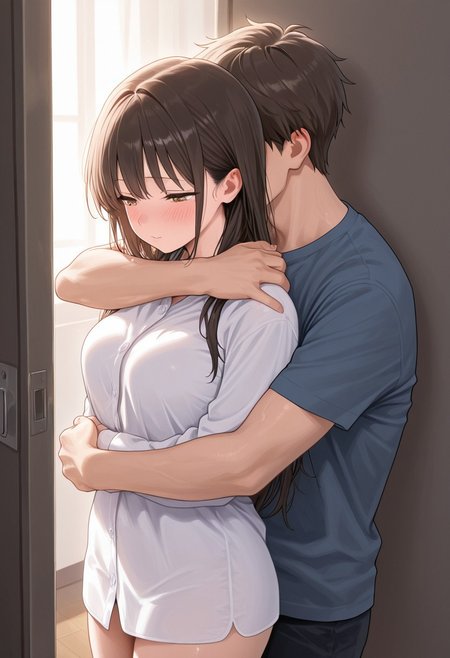 masterpiece, best quality, amazing quality, 1girl, 1boy, hug, hug from behind, boy behind, front shot,