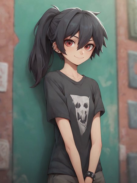score_9, score_8_up, score_7_up,score_6_up, score_5_up, 1girl), source_anime, BREAK, 1girl, ponytail, dark black hair, red eyes, hair between eyes, small breasts, few evil smile, makeup, urban graffiti background, black emo outfit