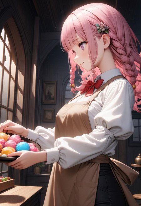 ((masterpiece), (best quality), (ultra-detailed), 
illustration, 3DMM, 
1girl, solo, pink hair, blunt bangs, curly hair, red bowtie , indoor, puffy sleeves,
white shirt, black pants, brown apron, 
holds a tray with both hands, big candy on tray, lilac eyes,
Indoor,  candy,
glossy, delicate frame, angelic appearance, 
from side-below, in profile, hair ornament,chiaroscuro shading, perfect body, dim natural light, night, window,
 absurdres, soft smile, cowboy shot, 
   sharped eyes, sharp focus, delicate frame, angelic appearance,  side braids, night, darkness)