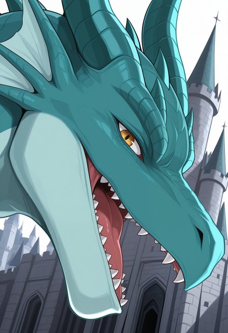 masterpiece,best quality,amazing quality, 1boy, solo, t1m43us, dragon, open mouth, looking at viewer, close up, side angle, castle,