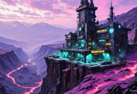 OBxiaoxiang, CAICO, inksketch purple and gray theme, Abstract digital painting in the style of ck-js, detailed photorealistic image, a sci-fi Miningstation of colossal buildings and towers in a barren lavender lush landscape, looking like an Mining Outpost perched at the Cliff, a smelter attached to the structures, of a volcanic cliff, its sleek towers a stark contrast to the cliffs surrounding it. The planet’s sun casts a vivid, cyan surreal light across the station, while deep fissures reveal glowing rivers of molten pink lava far below. The sky is a surreal shade of black and purple, dark glowing diodes and lights ((dark glowing diodes, lights and neon signs), Firestorm Inc. written on the neon signs), attached to the building is a landing field with 3  Spaceships landed on it, Dragonkin like creatures are around fixing some spaceships, two moons hanging low in the horizon, each reflecting light off the surface, large depth of field. The sky is a dark pink, with 2 broken moons hanging low in the horizon <lora:more_details>
realistic, detailed background, shaded, detailed, hi res, realistic, photography \(artwork\), (by kenket), by ross tran, by michael & inessa garmash, by pino daeni, by isvoc, by kiguri, by alena aenami, by ruan jia, (by zenthetiger, by wolfy-nail), by Enki Bilal, by drmax, photorealism, <lora:add_detail:1.3
