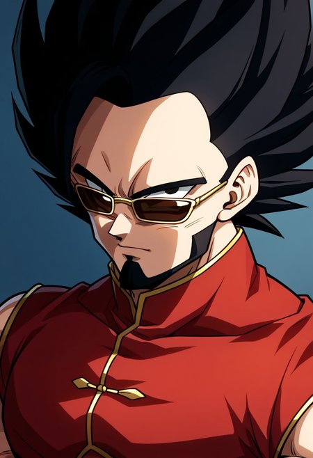 soulr, ((perfect anatomy)), detailed, perfection, bold lines, sharp eyes, solo, angle,  score_9, score_8_up, score_7_up, detailed, perfection, bold lines, sharp eyes, 1boy, solo, hardboiled, delinquent, (vegeta hair), (beard), dougi, chinese clothes, sunglasses