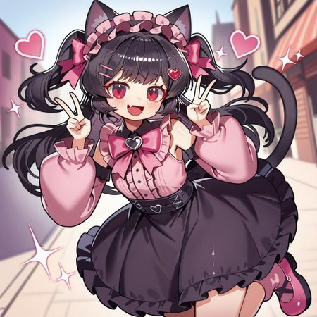 lazypos, girl focus, 1girl, animal ears, solo, cat ears, tail, hair ornament, black hair, long hair, smile, looking at viewer, blurry, pink footwear, cat tail, blush, frills, heart hair ornament, open mouth, detached sleeves, heart, hands up, skirt, hairband, long sleeves, black skirt, blurry background, shirt, pink shirt, cat girl, sparkle, :d, jirai kei, depth of field, skin fang, fang, hairclip, sleeveless, outdoors, double v, dress, puffy long sleeves, ribbon, frilled skirt, red eyes, bow, pink sleeves, pink socks, w, puffy sleeves, v, frilled hairband, two side up, pink bow, bare shoulders, pink ribbon, frilled dress, twintails, ro_g, mahoushostyle