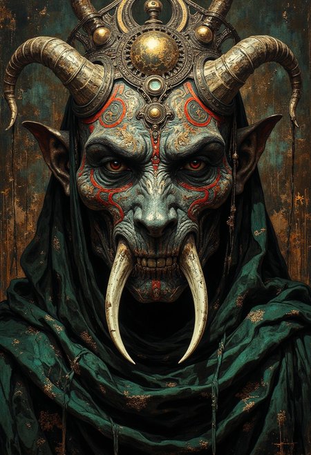 An intricate and imposing mask covering the entire face, crafted with ornate metallic details and embellished with swirling patterns, crescent moon motifs, and gemstone accents. The mask features two prominent tusk-like protrusions curving outward, giving it an intimidating and ceremonial presence. A deep red trim runs subtly along the edges, adding a regal touch to the dark and mysterious aesthetic. The headpiece is crowned with layered metallic segments, each etched with fine engravings, and a central orb resting above the forehead. The figure is cloaked in shadowy, rich green fabric that drapes around the shoulders, blending seamlessly with a dark, textured background filled with abstract, metallic, and ornamental elements. The lighting casts a dim, moody glow, emphasizing the mask’s intricate craftsmanship and the enigmatic aura of the figure.