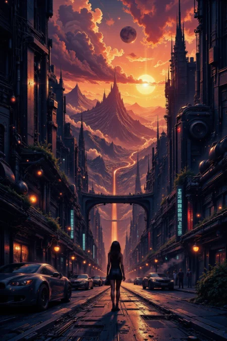 city, street, beautiful misterious futuristic sci-fi cyberpunk landscape, sunset, woman, very intricate, very detailed, sharp, colorful, <lora:Hand v2:1> <lora:Anti-Blur:1> <lora:Insane Detail Slider:0.5>  <lora:Flux.1_Turbo_Detailer:0.6> <lora:flux.1_lora_flyway_Epic-detail_v2:0.6> <lora:flux-charmer-v1-1:0.4><lora:Vibrantly_Sharp_style_v.5:0.4> <lora:The_Dark_Side_Of_The_Future:0.8> <lora:Neurocore Anime Cyberpunk v2.0:0.7> A digital artwork in the style of cknc