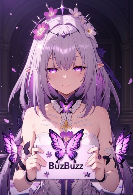 masterpiece, best quality, amazing quality, mischievous smile, CastoriceHSR,  purple eyes, pointy ears, twintails, flower, hair flower, butterfly, petals, holding sign of BUZZ BUZZ BUZZ BUZZ