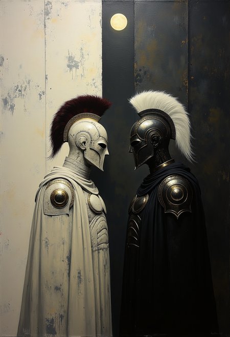 0n1r1c, Create a dramatic impasto painting with drips and painterly smudges of two majestic warriors, inspired by Achilles, the central character in Homer's Iliad, wearing futuristic, metallic full-body armor with a complex, segmented design. 

The painting is divided vertically into three sections.
The left section, only white, is dominate from Hector, his
warrior's helmet should have a striking red horsehair crest.
The background of this left section is a light white.
The middle section, only light gray, showcases a high, arched window below the upper edge of the painting, through which the moon shines.
The background of this middle section is a light gray.
The right section, only dark gray, is dominate from Achilles, his warrior's helmet should have a striking white horsehair crest.
The background of this right section is a dark gray.

Both helmets reminiscent of ancient Greek soldiers.
Both armors should have multiple plates and reinforcements, covering the entire body and combining both ancient and modern aesthetics. 

The shoulder plates and bracers of both armors should feature additional plating with gold accents. Both warriors should wear long, flowing black capes, adding a touch of royalty. Their overall appearance should exude strength, nobility, and a harmonious blend of the antique and the modern. Set the scene in a dark, grand hall with high, arched windows in the background. The painting should emphasize a combination of ancient grandeur and a futuristic, modern, and abstract style, with dramatic lighting features in a monochromatic scheme, primarily in shades of black, white, and gray.
