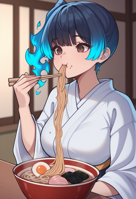 masterpiece, best quality, newest, upper body, solo, 1girl, s3nadef, eating, holding chopsticks, ramen, blue hair, fiery hair, side ponytail, brown eyes, japanese clothes, white kimono, wide sleeves, indoors, east asian architecture, kotatsu
<segment:yolo-Anzhc Face seg 640 v2 y8n.pt,0.4,0.5//cid=1>