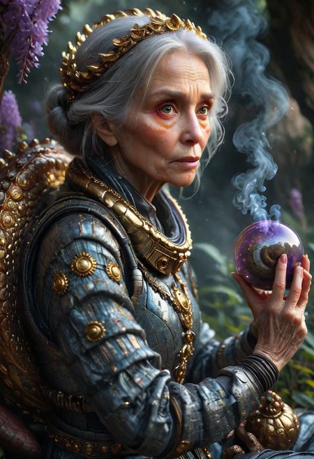 (full body shot), ((an old woman siting with her back to a space mushroom, in an intricate interstellar spacesuit smoking a huge alien pipe and blowing out many huge smoke rings)), (A giant snail|octopus attacking), intricate, (old:1.7), by Moebius and H. R. Giger and Stefan Martiniere and Tomer Hanuka,  hyper detailed, award winning on artstation.com,(intricate details, masterpiece, best quality:1.4), looking at viewer, dynamic pose, wide angle view, dense fog, Different shades of wisteria and grape, embellished with gold decoration, fractal art, in the style of nicola samori, Intense gaze, Bright... ,Model, expression, anthro, Rainbowiridal palette eyes, Shiny..., Bright..., Intense gaze, Fire dragon eyes, Amber cat eyes, Anthro... woman, Genetically modified..., facial expression