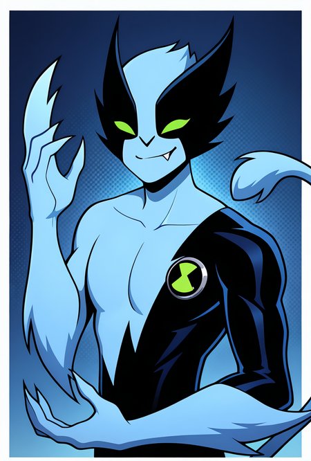 <lora:fastrack-10:1> fastrack, solo, blue skin, green eyes,  claws, green badge, fang, smile, blue background, feline tail, facing viewer, pose,  wide jaw, masculine, blue chest, claws showcase,, masterpiece, best quality, amazing quality, very aesthetic, absurdres, newest,, upper body, halftone effect, white borders, abstract background:1.2,