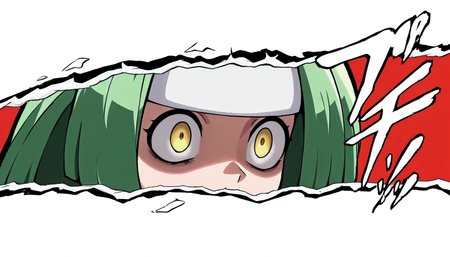 <lora:PersonaCutIn_Noob_Incrs_v1:1>, letterboxed, sound effects, style parody, cut-in, simple background, border, close up,  <lora:Channeler:1>, Channeler, green hair, long hair, yellow eyes, empty eyes, shaded face, white headband