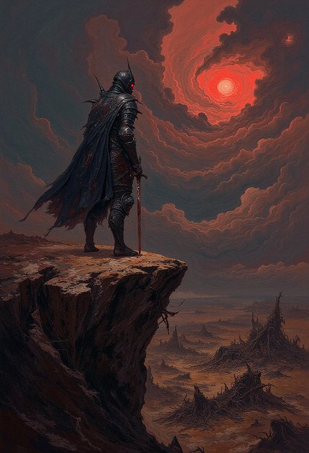 A lone knight, clad in black spiked armor, stands on a cliff overlooking a ruined battlefield. The knight's armor is dented and stained with dried blood, with glowing red eyes visible through the slit of his helmet. In his hand, he holds a rusted sword, its blade chipped and scarred. The battlefield below is littered with the broken remnants of ancient warriors and siege engines, with dark clouds swirling above. The lighting is dim, with an eerie red glow coming from the horizon as if the sun is bleeding into the sky. The style is dark fantasy, with a haunting, war-torn atmosphere.   <lora:FLUX-daubrez-DB4RZ:0.93> DB4RZ, DB4RZ style painting,