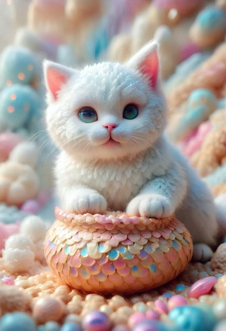 A close-up of an super adorable kitten wrapped in a white knitted blanket, The kitten looks lovely with super cute eyes and cozy, blurry bedroom  background, Thebig blanket adds a sweet and whimsical touch to the scene and fits perfectly in the setting.super lovely, super cute, adorable, masterpiece, award winning,