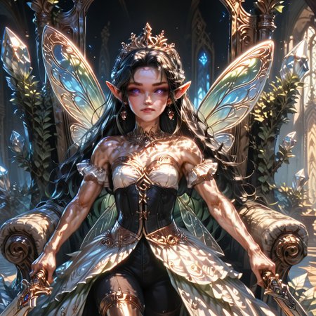 Action scene, detailed, photo realistic, hyper realistic, score_9, rating_safe, solo ((arch fey, violet eyes, (beautiful woman, white underbust corset, skirt, pants, sword belt, and holding a sword), ((huge muscles, small petite breasts, muscular thighs)), ((bronze metallic gold skin ral-polishedsteel)), (fairy wings), (long black hair))), (standing next to a multicolored crystal throne, in a detailed throne room filled with treasures, detailed lighting), hi res, hi quality, 4k, concept art, digital art, realistic, detailed background, lens flare, pixel art, piratical beauty, great lighting