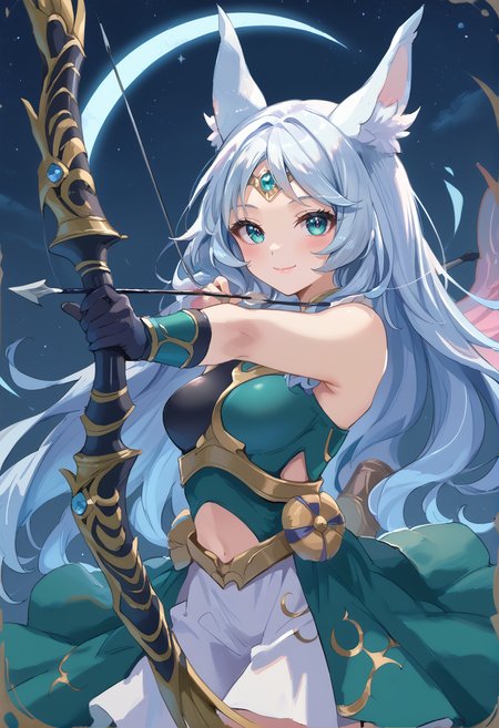 (score_9:0.9),score_8_up,score_7_up,rating_safe,anime style,(zPDXL),<lora:Apollousa, Bow of the Goddess ponyXL v1:0.73>,apollousa bow of the goddess,1girl,solo,bow \(weapon\),smile,holding bow \(weapon\),simple background,black elbow gloves,blush,looking at viewer,medium breasts,green dress,at night,leak,closed mouth,white hair,forehead jewel circlet,<lora:Drawing_bow:0.89>,drawing bow,aiming at viwer,arrow,(projectile:1.1),