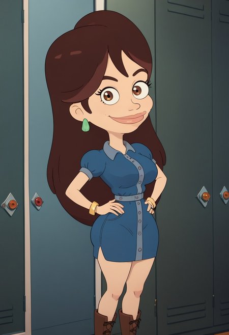 ((bedroom background)),score_9, score_8_up, score_7_up,score_6_up, 
1girl, Solo, Devin_BM, light skin, brown eyes, reddish brown hair, reddish brown eyebrows, long hair, green oval-shaped earrings, golden bracelets, golden ring, blue denim dress with buttons, brown lace-up ankle boots, big eyes, huge breasts, smile, narrow waist, huge hips,huge thighs, huge ass, big eyes, perfect lips, open eyes, perfect smile, cowboyshot, perfect eyes, perfect face, hands on hips, medium stature, looking at viewer, perfect teeths