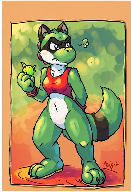 maypul, green fur, raccoon, 1girl, female, 2d, yistyle, yoshi style form, clean, no blur, watercolor, painting, solo, unamused, calm, anthro