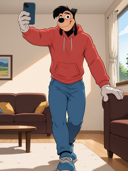 <lora:Max-Goof-Illustrious:1>,max-goof, solo, 1boy, male focus, black eyes, white gloves, full body, furry male,,high quality, detailed, furry, male, solo male, broad shoulders, mature male, athletic build, stubble, anthro, anthro male, bottom heavy, grinning, looking at viewer, hands in front pocket, red hoodie, blue jeans, bust shot, half-body shot, living room, high quality , blue shoes,naughty face, taking a selfie,