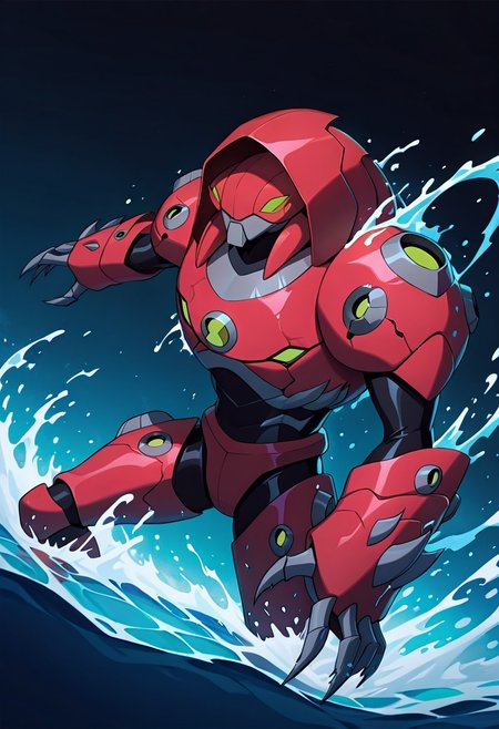 masterpiece, best quality, amazing quality, very aesthetic, absurdres, newest,, detailed background, 
waterhazard, solo, red armor, red hood up, , helmet, mecha, alien, claws, green eyes
Waterbending, water, submerged in water, water attacks