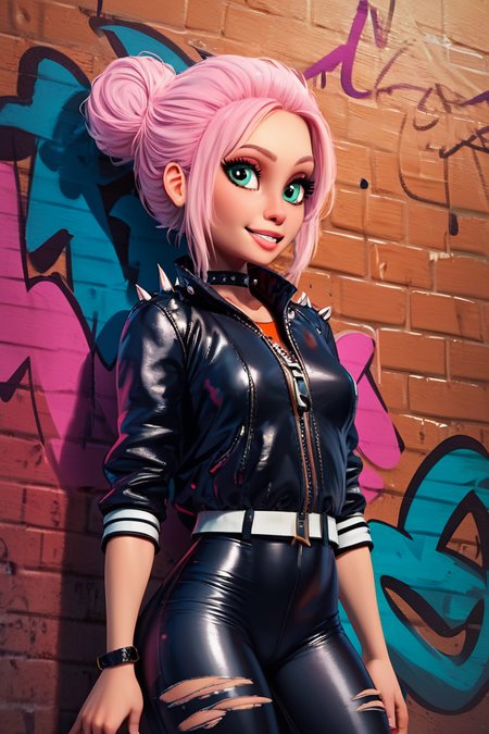 score_9, score_8_up, score_8, medium breasts, (curvy), cute, eyelashes,       BREAK, , zzBrooklynn, pink hair, single hair bun,  <lora:Brooklynn_Jurassic_Park_PDXL_v2:0.7>, , BREAK, smile, looking at viewer,  leather jacket, leather pants, black jacket, tight pants, black choker, zipper, biker clothes, spikes,  multiple belts, shiny clothes, high collar, (graffiti:1.2), brick wall, cowboy shot, embedding:zPDXL, Expressiveh, <lora:CatalystStylePDXL:0.6>,  <lora:SDXLFaeTastic2400:0.5>,  <lora:Expressive_H-000001:0.4>,