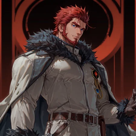 <lora:Zeke_Alchemist_Code-000003:.8> tagatamezeke, 1boy, red hair, slicked back, sideburns, spiked hair, blue eyes, solo, male focus, manly, muscle body, bara, mature male, coat, fur trim, emblem, belt, boots, pants, armor, gloves,
upper body, looking at the viewer,
(very short hair, beard, bara, mature, facial hair, stubble, beard, full beard, sideburn, beard, a lot of beard, ), facial hair,male focus, muscular male, muscular male, bara, mature,  bara, mature, aixiwuganda_(20222192), very awa, masterpiece, best quality, absurdres, newest, perfect quality, detailed background, intricate details,
<lora:slider_Body Type_alpha1.0_rank4_noxattn_last:3><lora:Anime Summer Days 2 Style SDXL_LoRA_Pony Diffusion V6 XL:.6><lora:slider_cfg_scale_boost:.7><lora:Artist6p:.55>, Artist6p, Artist04p,<lora:slider_il_brightness_slider_d1:-1><lora:slider_il_contrast_slider_d1:-1><lora:slider_DarkSlider1.2_alpha1.0_rank16_full_300steps:-.6>