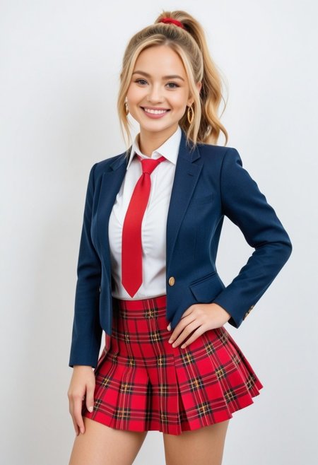 (masterpiece, beautiful, realistic, best quality, newest, absurdres, highres), 1girl, detailed_face, detailed_eyes, ogawa yui, blonde hair, side ponytail, parted bangs, forehead, blue eyes, earrings, large breasts, cleavage, seio school uniform, blue jacket, open jacket, white shirt, collared shirt, red necktie, red skirt, plaid skirt, pleated skirt, frilled skirt, miniskirt, (contrapposto:1.2), hand_on_hip, looking_at_viewer, smile, finger_on_chin, studio_photoshoot, modeling, sexy_pose, full_body_focus_with_face, SFW, aidmaMJ6.1, aidmaimageupgrader