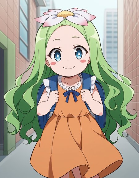 score_9, score_8_up, score_7_up, source_anime, <lora:celine-darkness-ponyxl-lora-nochekaiser:1>, celine, long hair, blue eyes, hair ornament, flower, green hair, hair flower, wavy hair, blush stickers,, dress, backpack, orange dress, frills,, alley, narrow, urban, dark, buildings, , smile, looking at viewer, solo,, dutch angle, cowboy shot
