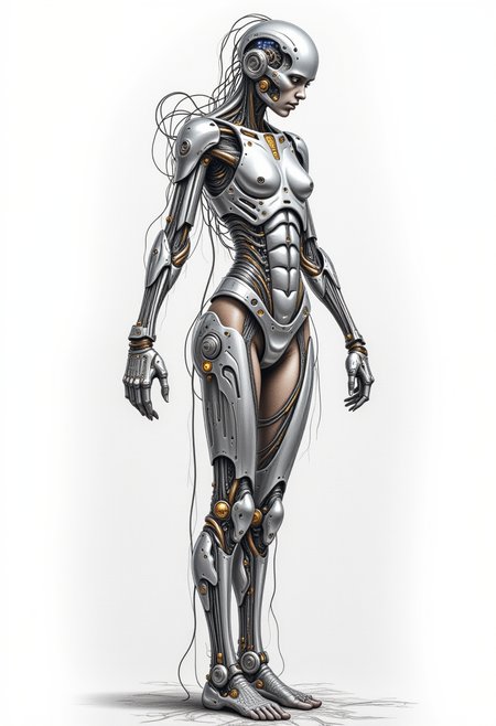A fine art illustration and highly detailed pencil sketch drawing of a stunning and surreal cyborg, featuring a wide full body shot where human and cybernetic elements blend harmoniously. The sketch should showcase organic skin seamlessly integrating with intricate metallic implants, delicate wires, and glowing circuits that weave through the entire body. The overall aesthetic should be dark yet captivating, emphasizing fine details and a sense of realism drawn in graphite and colored pencil.