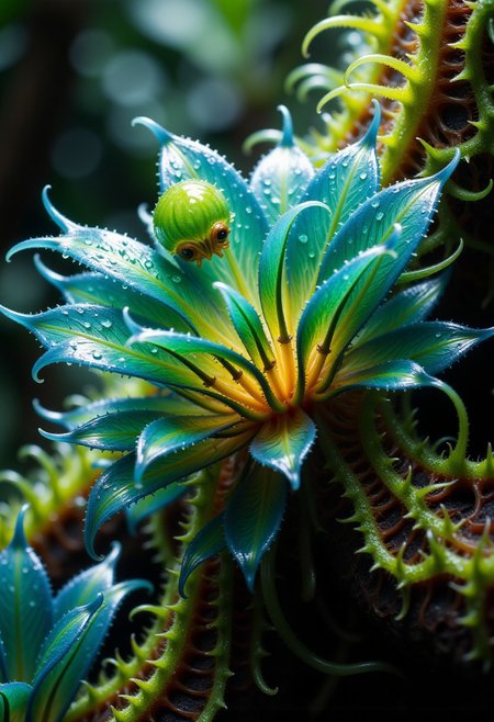 Colors burst with vivid life and shades of green.  Bands of white light dash across the canvas. High saturation and contrast. sharp lines come into focus. Droplets of rain accumulate on leaves. Leaves appear as shattered glass. Electric snails crawl on the surface of a mysterious plant. The plant is made of glass. A mysterious ecosystem made of crystalline glass. Vines, spores and bark.