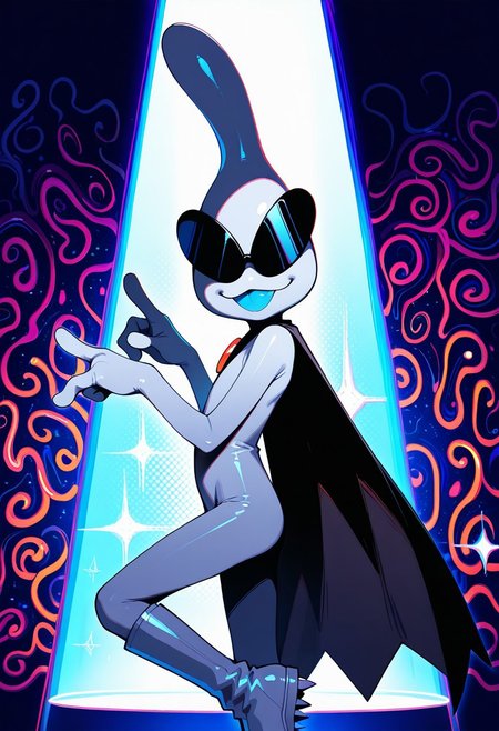 masterpiece, ultra detailed, amazing quality, absurdres, very aesthetic, solo focus, male focus, 1boy, 
orbulon_WW, white skin, alien, 3 fingers, fewer digits, sunglasses, covered eyes, knee boots, white footwear, spiked footwear, standing, brooch, cape, torn cape, :3, smile, :p, blue tongue, sparkle, hands up, pointing, turning head, from side, leg up, knee up, standing on one leg, cowboy shot, slim, small butt, 
BREAK 
detailed shading, flying saucer, spotlight, psychedelic background, multi-colored, WaiIL25PosC, g0th1c, glowing, neon lights,