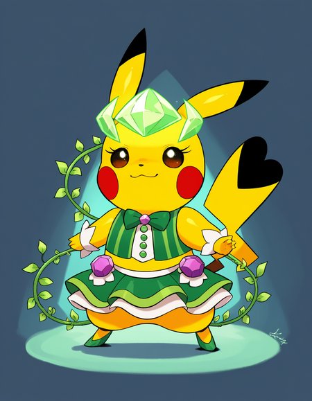 zPDXL, score_9, score_8_up, score_7_up, score_6_up, score_5_up, source_anime, 4k, absurdres, 1girl, solo, 
<lora:Cosplaychu_v1-1-20:0.8>, cosplay pikachu, pokemon \(creature\), pikachu ears, pikachu tail, feral, eyelashes, shortstack, flat chest,
elf wearing a emerald green velvet vest, layered chiffon skirt with geometric patterns , crystal adorned heels, elven ear cuffs,delicate silver earrings, glowing highlighter, delicate vines woven in hair,