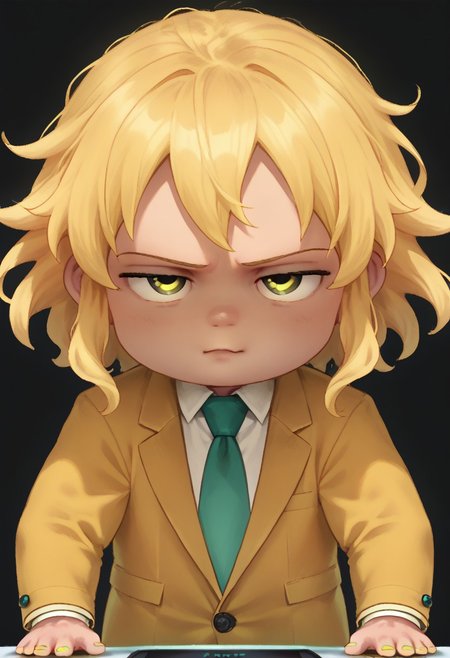 score_9, score_8, score_7, 1boy, solo, chibi, mint yellow hair, straight wavy hair, mint yellow eyes, black sclera, mint yellow necktie, formal, mint yellow suit, mint yellow jacket outfit, mint yellow pants, mint yellow shoes, holding a computer, Neptune, upper body