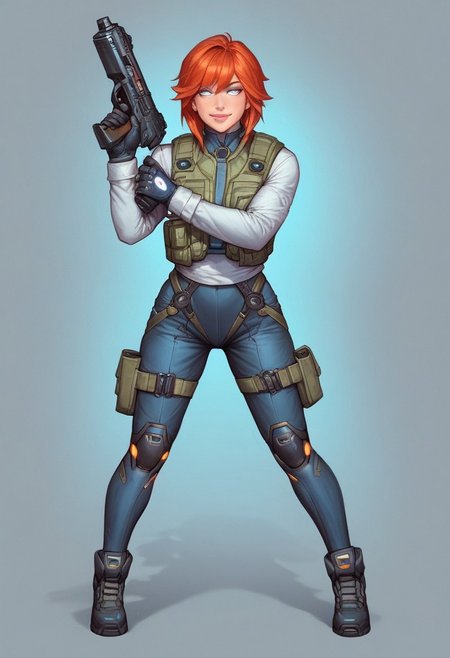 ((1girl, cute face, dynamic pose,
Glowing aura surrounding a futuristic character like the Nomad, clad in a futuristic detailed brown suit handmade, (((futuristic army vest armor))) patches on suit, redhead, long bangs,holographic blue light streaks, full face gasmask, (big shining white eyes without pupils:1.5), dynamic pose)), coy smile
BREAK 
((((full closed)))), (((big futuristic gun in hands, sci-fi gun in hands)))
score_9, score_8_up, score_7_up, score_6_up, source_cartoon, rating_explicit, Expressiveh, (((((full body))))), dynamic pose, (in wastelands, sandstorm:1.3)