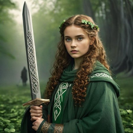 A young druid girl clad in a long Celtic cloak, holding an ancient scroll inscribed with runes, arcane ruins, easynegative, detailed face, looking at viewer, insightful look,( sword raised above head:1.5), charming benevolent bold look, focus on the face, remnants of a more advanced civilization, fight for the future,( Four-leaf clover:1.5), curly hair