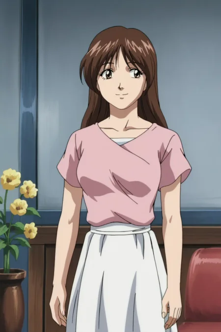 score_9, best, masterpiece, uncensored,
indoors,
1girl, solo, 1990s (style), retro artstyle, official style, smile,
ShinjinTourConductorLonghairGirl,
short sleeved pink shirt with white accents, white long skirt,  shirt over skirt,
<lora:ShinjinTourConductorLonghairGirl:0.8>​​​