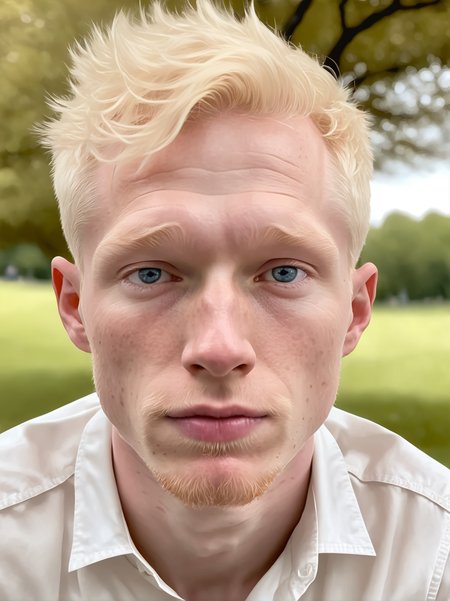 professional photograph, high resolution, 30yo drewsynthxl, portrait, solo, realistic, happy, albino,
face focus, profile,
in the park, overcast