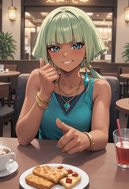 score_4,score_5,score_6,score_7_up,score_8_up,score_9 ((masterpiece,best quality,ultra detailed,highres,HD,4k:1.2))
oekaki,jaggy lines,
1 girl,solo,girl forcus,solo forcus, 
Stella,dark skin, dark-skinned female,pale green hair, bob haircut, blunt bangs, short hair with long locks,blue eyes,Eyelashes,earrings,hoop,necklace, bracelet, earrings,jewelry, nail polish, toenail polish,
 indoor, cafe, pov date, across table pov, across table, sitting, hand, right_hand, right_hand fist, right_hand touching face, left_hand, left_hand on table, left_hand placed horizontal,
happy,smile,blush