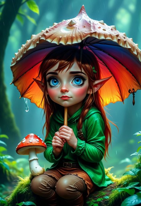 anime. little elf girl. cute face. big blue eyes, pointed ears, brown green hair. holds a toadstool as an umbrella in his hand.
ultra-sharp, exquisite details, flawless composition, vivid colors, masterpiece, exciting background. , High Definition HD, high details, perfect composition, 
best quality, ultra-detailed, very aesthetic, illustration, perfect composition, intricate details, absurd, atmospheric lighting, streaks of light, vibrant colors, very detailed, midjourneyv6.1, detail background, perfection,