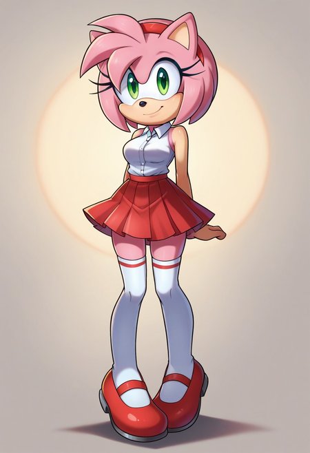 score_9, score_8_up, score_7_up, score_6_up, score_5_up, score_4_up, j3n, 1girl, solo, Full body, female, petite, furry, Amy Rose, furry, pink hair, pink fur, medium breasts, green eyes, animal nose, pleated skirt, white shirt, red skirt, white thighhighs, sleeveless, collared shirt, red shoes, mary janes, red hairband, standing, smile, legs together, arms at sides